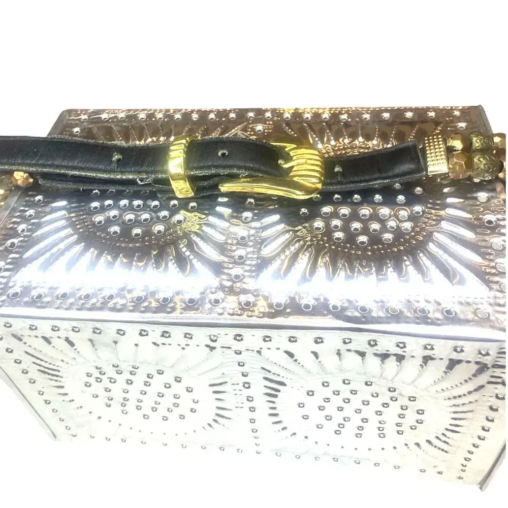 Expres! Womens Beaded Belt Medium Bronze Copper Brass Buckle Leather Ends Glam